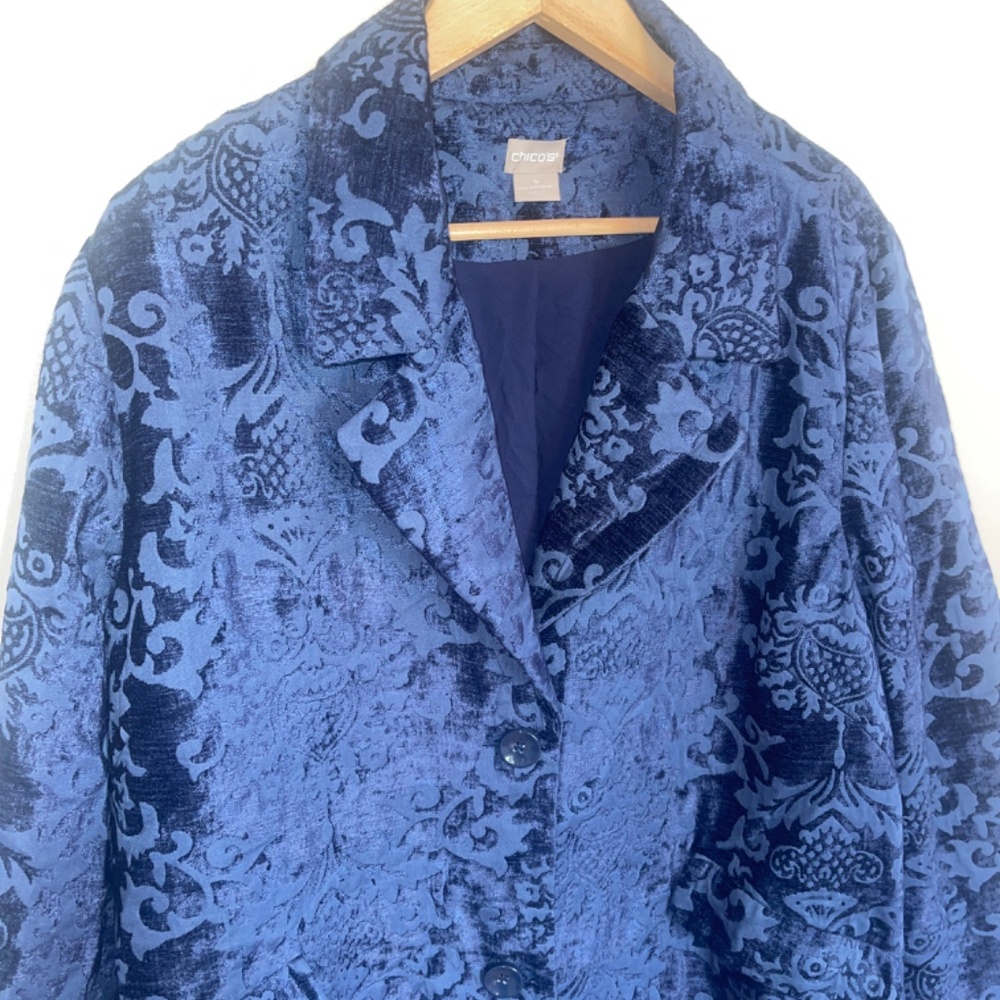 Chico’s Chenille Blue Victorian Design Boho Chic Jacket / Coat Size 4 - Picture 4 of 6